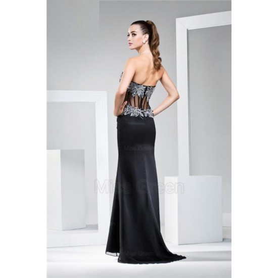 A Line Sweetheart Black Chiffon Long Sexy Prom Dress Side Split