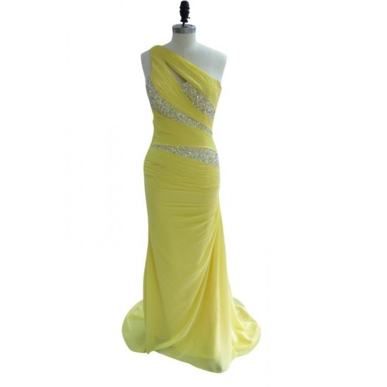 Yellow One Shoulder Woman Prom Dress Beaded Sequined Long