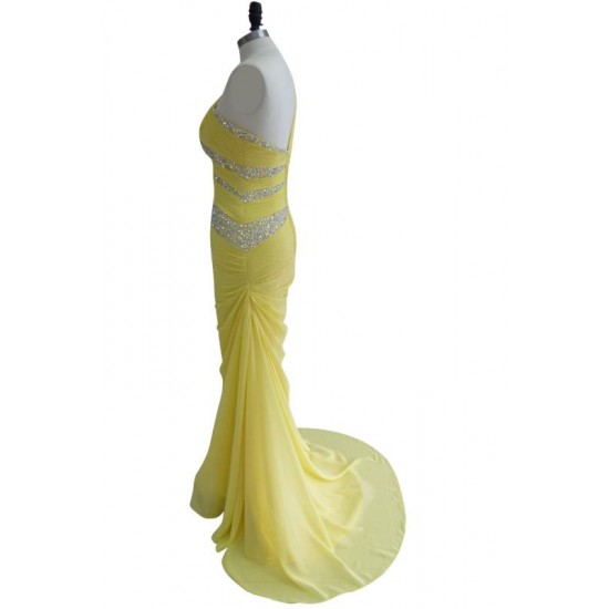 Yellow One Shoulder Woman Prom Dress Beaded Sequined Long