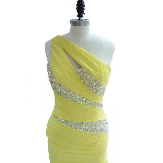 Yellow One Shoulder Woman Prom Dress Beaded Sequined Long