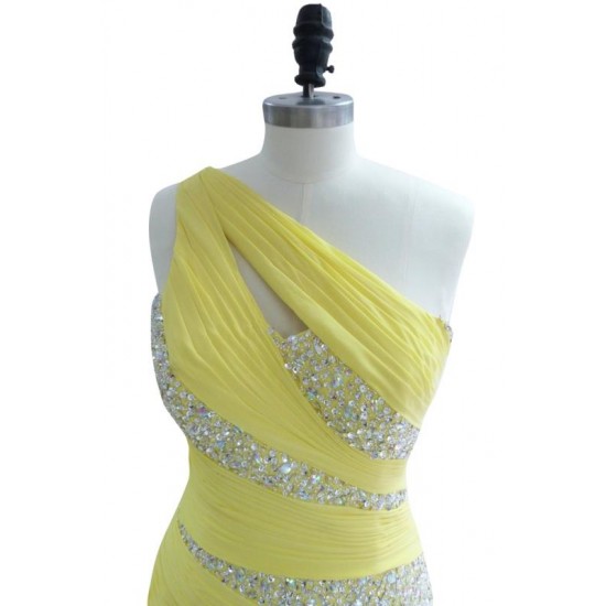 Yellow One Shoulder Woman Prom Dress Beaded Sequined Long