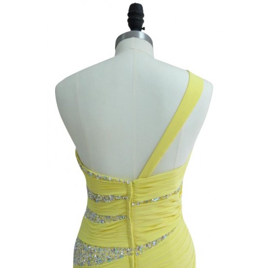 Yellow One Shoulder Woman Prom Dress Beaded Sequined Long