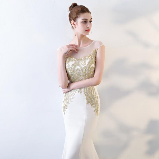 Long White Formal Party Evening Gowns Scoop Appliques