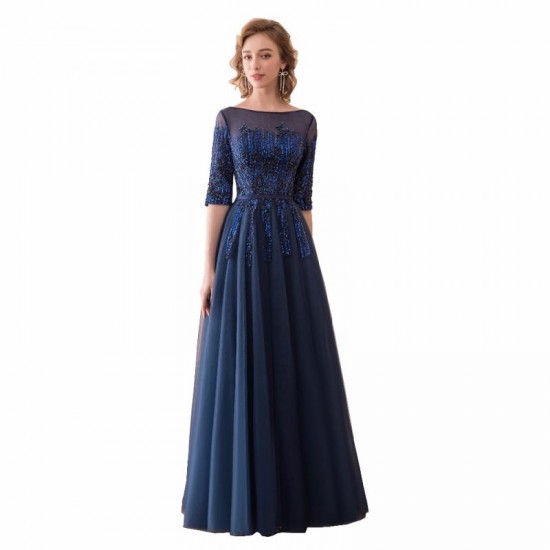 Navy Blue Prom Dress Long Lace Evening Party Gown