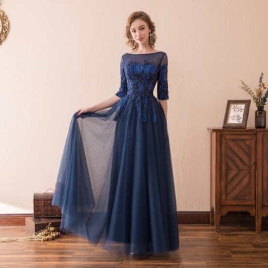 Navy Blue Prom Dress Long Lace Evening Party Gown