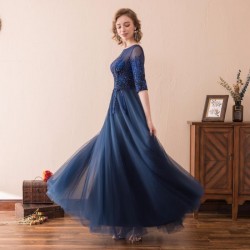 Navy Blue Prom Dress Long Lace Evening Party Gown