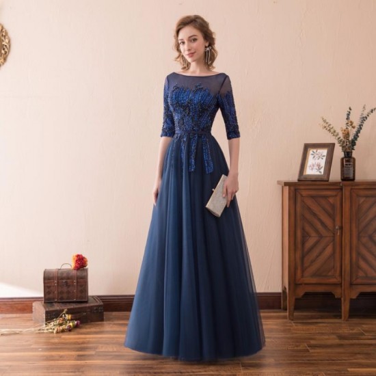 Navy Blue Prom Dress Long Lace Evening Party Gown