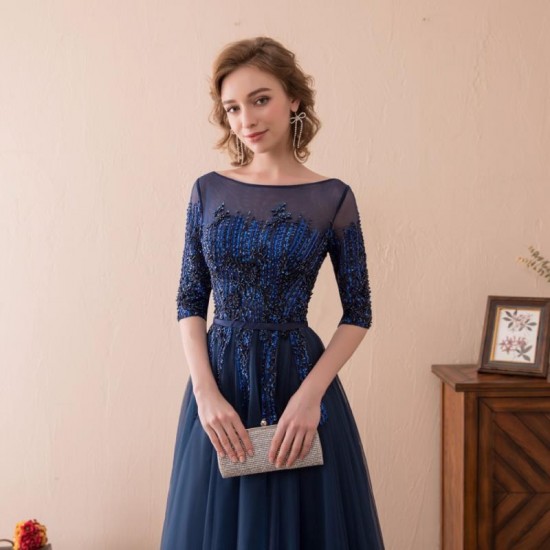 Navy Blue Prom Dress Long Lace Evening Party Gown