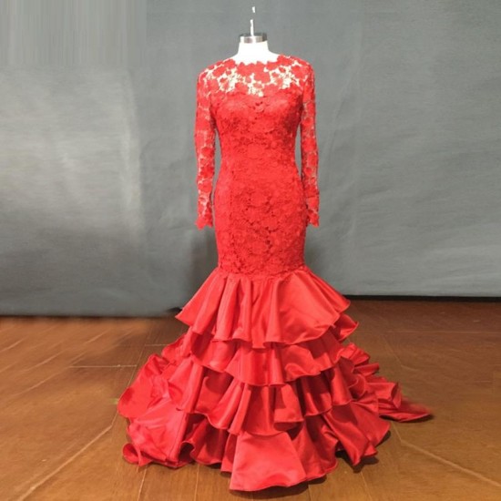 Red Prom Dress Long Sleeves Lace Backless Mermaid Party Gown