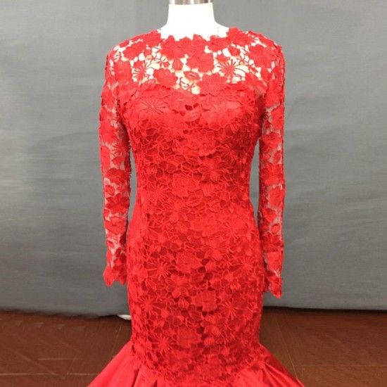 Red Prom Dress Long Sleeves Lace Backless Mermaid Party Gown
