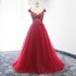 Rose Burgundy Long Prom Dress Low V Back Cap Sleeves Lace