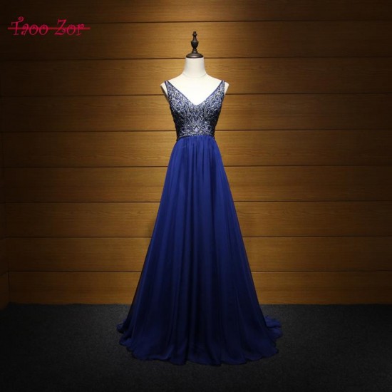 Beading A-line Prom Dress Simple Party Gown Sexy Deep V-neck Formal Dress