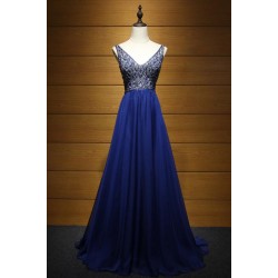 Beading A-line Prom Dress Simple Party Gown Sexy Deep V-neck Formal Dress