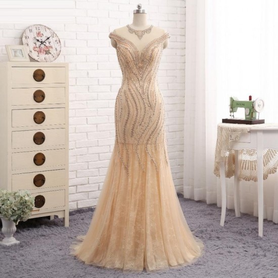Elegant Beaded A Line Chiffon Split Formal Long Blue Prom Dress