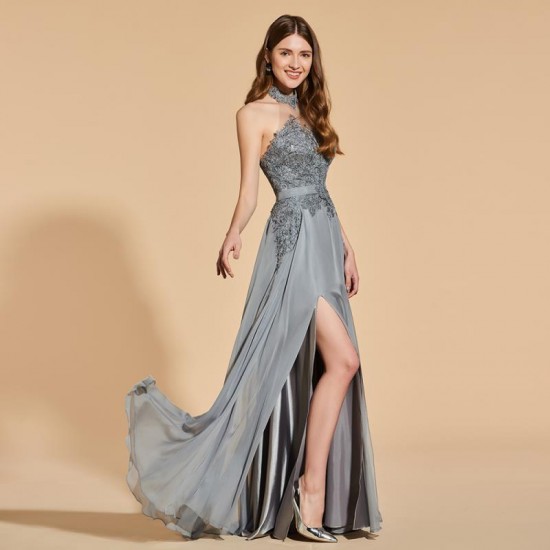 Grey Long Prom Dress Simple Backless Evening Party Gown