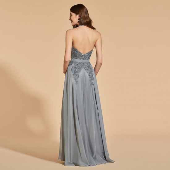 Grey Long Prom Dress Simple Backless Evening Party Gown