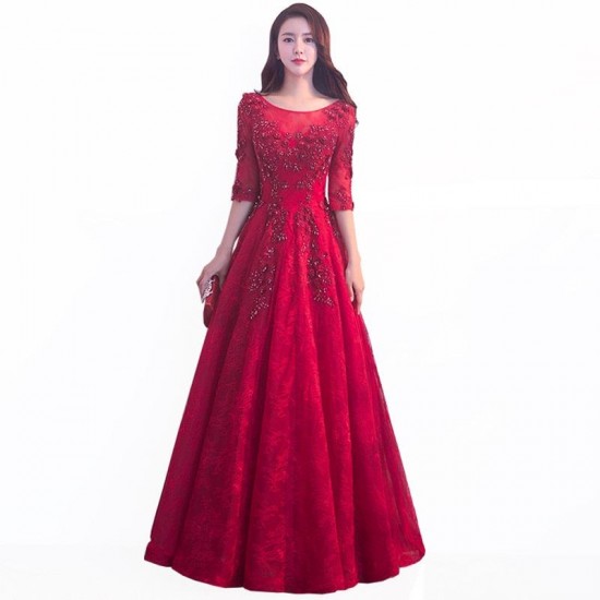 Wine Red Ball Gown Prom Dress Tulle Appliqued Beaded Half Sleeves