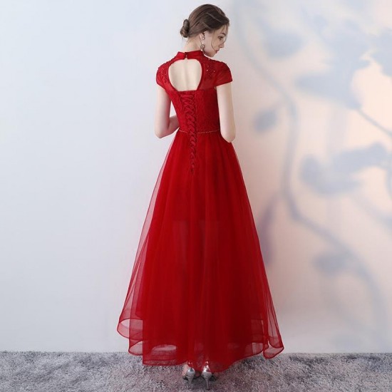 Burgundy Prom Dress Sexy Casual Long High-Neck Beading