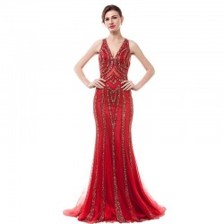 Red Prom Dress Mermaid Beading Formal Evening Dress for Women