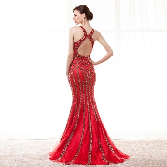 Red Prom Dress Mermaid Beading Formal Evening Dress for Women