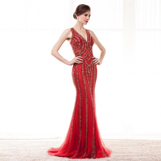 Red Prom Dress Mermaid Beading Formal Evening Dress for Women