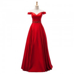 Red Long Prom Dress Off Shoulder Satin Floor Length Evening Gown