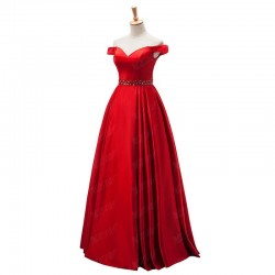 Red Long Prom Dress Off Shoulder Satin Floor Length Evening Gown