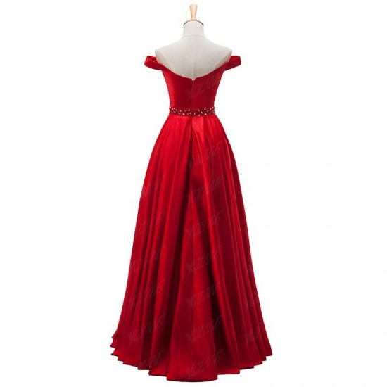 Red Long Prom Dress Off Shoulder Satin Floor Length Evening Gown