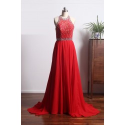 Elegant Red Prom Dress Long Backless Beading Halter Evening Gowns For Women