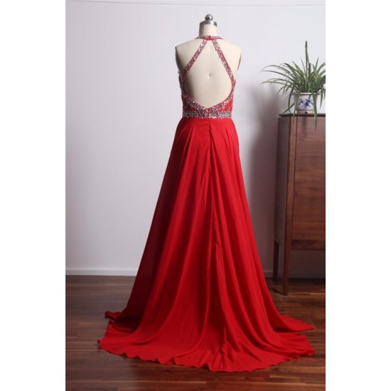 Elegant Red Prom Dress Long Backless Beading Halter Evening Gowns For Women