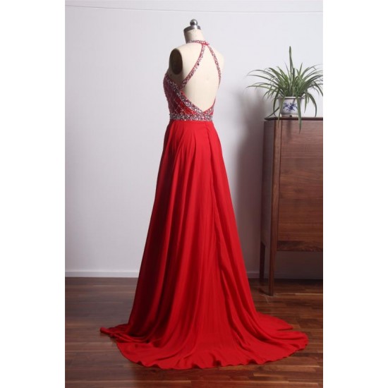 Elegant Red Prom Dress Long Backless Beading Halter Evening Gowns For Women