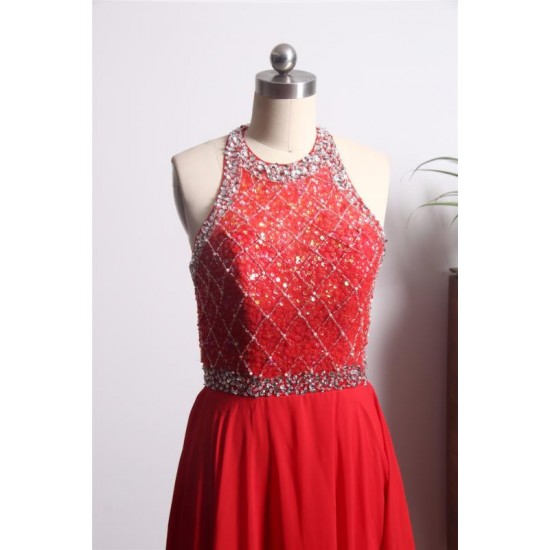 Elegant Red Prom Dress Long Backless Beading Halter Evening Gowns For Women