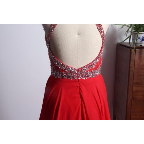 Elegant Red Prom Dress Long Backless Beading Halter Evening Gowns For Women