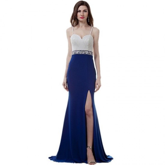 Mermaid Long Prom Dress Beadings Sexy Slipt Royal Blue