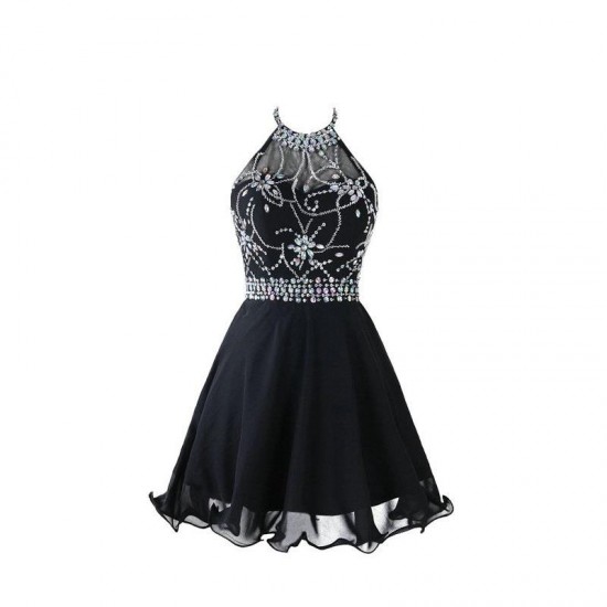 Halter Backless Beadings Chiffon Short Prom Dress Black Party Gowns