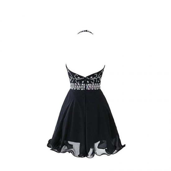 Halter Backless Beadings Chiffon Short Prom Dress Black Party Gowns