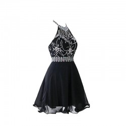 Halter Backless Beadings Chiffon Short Prom Dress Black Party Gowns