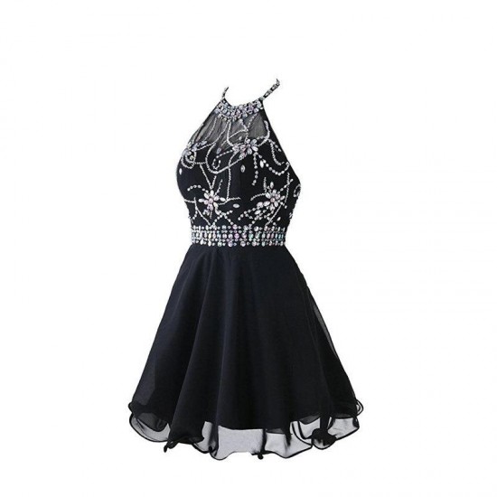 Halter Backless Beadings Chiffon Short Prom Dress Black Party Gowns
