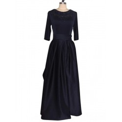 Navy Blue Prom Dress Floor Length Beaded Satin Evening Gowns