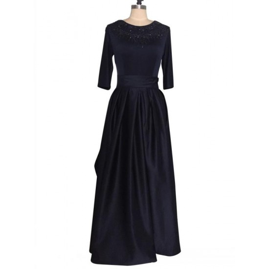 Navy Blue Prom Dress Floor Length Beaded Satin Evening Gowns