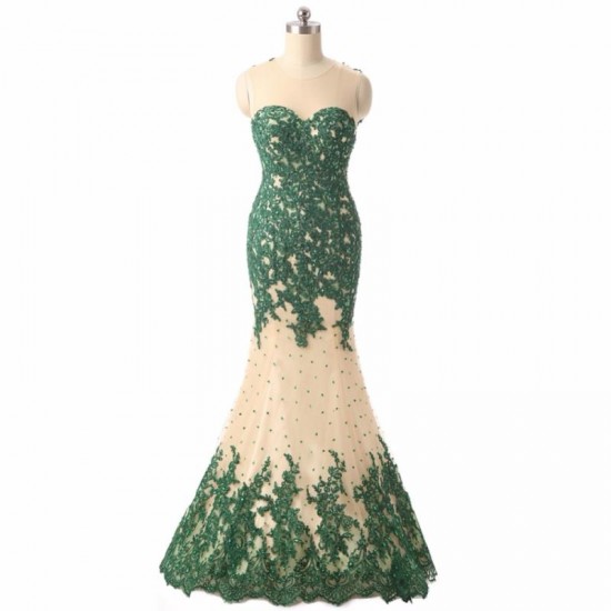 O Neck Sleeveless Green Lace Mermaid Prom Dress