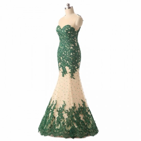 O Neck Sleeveless Green Lace Mermaid Prom Dress