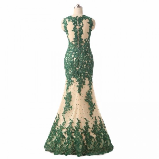 O Neck Sleeveless Green Lace Mermaid Prom Dress