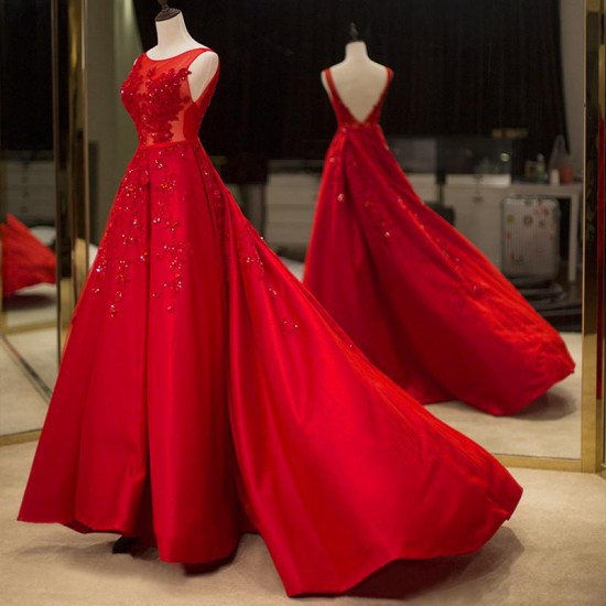 Red Beading A line Prom Dresses Backless Red Evening Gown