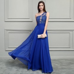 Royal Blue Chiffon Long Prom Dress 2One Shoulder Lace Vintage Dress