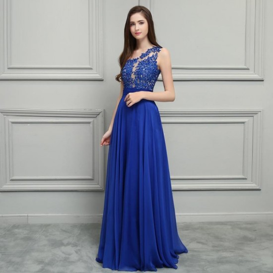 Royal Blue Chiffon Long Prom Dress 2One Shoulder Lace Vintage Dress