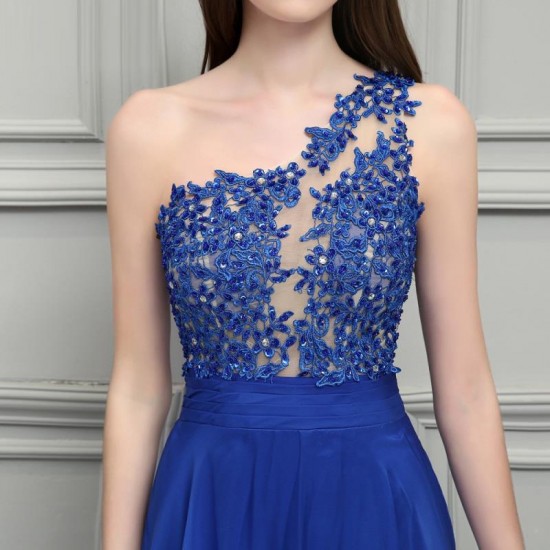 Royal Blue Chiffon Long Prom Dress 2One Shoulder Lace Vintage Dress