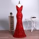 Mermaid Long Prom Dress Sequins Red V Neck Dress