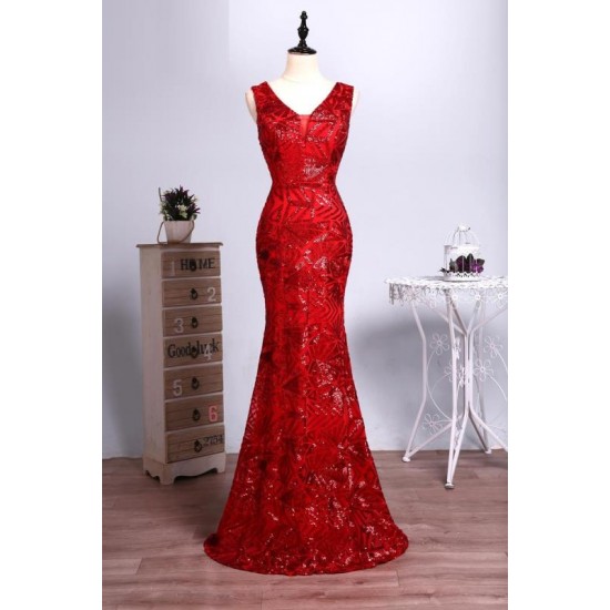 Mermaid Long Prom Dress Sequins Red V Neck Dress