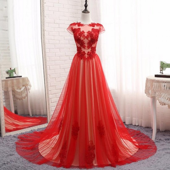 Appliques Beaded Long Prom Dress Scoop Neck Red Evening Gown